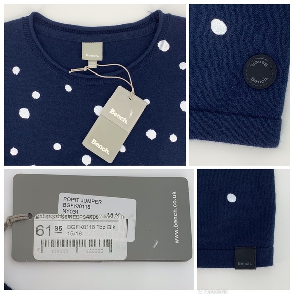 Bench NWT Navy with White Polka Dots Long Sleeve Crew Neck Cotton Sweater, 16 - Picture 15 of 16